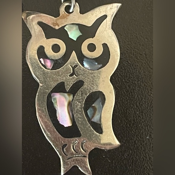 Vintage Alpaca Silver with Abalone Shell Black Onyx Owl Earrings - Picture 6 of 8